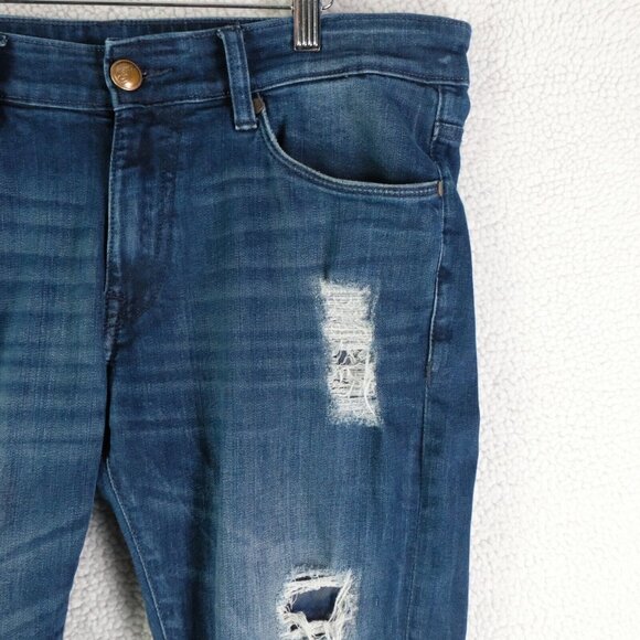 Ed Hardy Jeans Womens 34 Blue Distressed Stone Wash Straight Whiskers Stretch - Picture 2 of 12